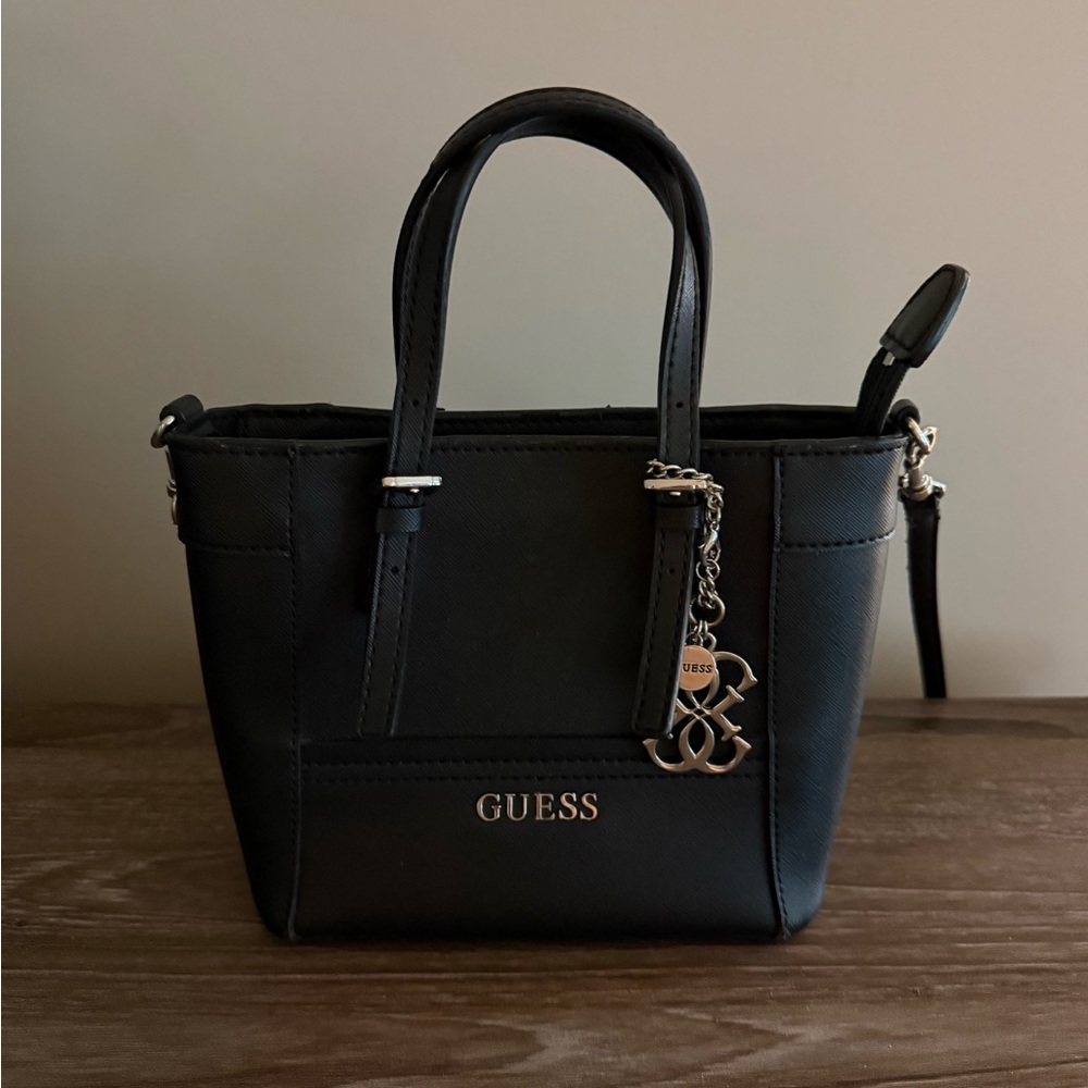 GUESS Black Mini Tote with Silver Charm